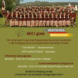 Nur alle sechs Jahre findet das Deutsche Musikfest statt – und 2025 sind wir Teil davon! 
Vom 29. Mai bis 1. Juni verwandeln Ulm und Neu-Ulm sich in eine riesige Bühne für über 21.000 Musiker:innen aus ganz Deutschland und darüber hinaus. ￼

Wir sind stolz mit 92 Musiker:innen dabei zu sein und uns der Herausforderung beim Konzertwettbewerb in Kategorie 5/6 zu stellen. 💪

@deutschesmusikfest