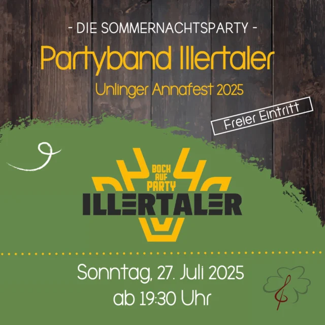 Das Unlinger Annafest 2025 steht in den Startlöchern! 🎉🌞
Am Sonntag, den 27. Juli heizt euch ab 19:30 Uhr die @illertaler_partyband im Festzelt mit ihrer legendären Sommernachtsparty ein! 🎶🔥

Gute Laune, Tanzstimmung und tolle Momente garantiert – seid dabei! 💃🕺🌟