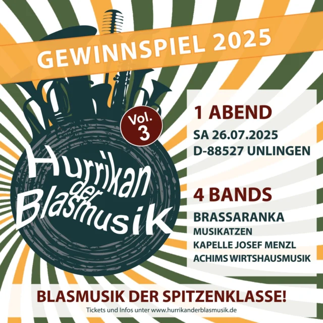 Wir verlosen 2x2 Tickets für den Hurrikan der Blasmusik 2025 🤩 Seid dabei und erlebt einen unvergesslichen Abend voller mitreißender Melodien und pulsierender Rhythmen! 🥳😍

𝗦𝗼 𝗺𝗮𝗰𝗵𝘁 𝗶𝗵𝗿 𝗺𝗶𝘁:
👉 Folgt unserer Seite @mvunlingen.
👉 Liked diesen Beitrag.
👉 Teilt diesen Beitrag in eurer Story und markiert uns.

Pssst: Doppelte Gewinnchance durch die zusätzliche Teilnahme auf Facebook. 🤫😁 Wir wünschen euch viel Glück! 🍀

Die Tickets werden euch nach Teilnahmeschluss zugeschickt.

Das Gewinnspiel läuft bis zum 30. Juni 2025. Die Gewinner werden öffentlich verkündet. Das Gewinnspiel steht in keiner Verbindung zu Facebook/Instagram und wird von Facebook/Instagram in keiner Weise unterstützt.