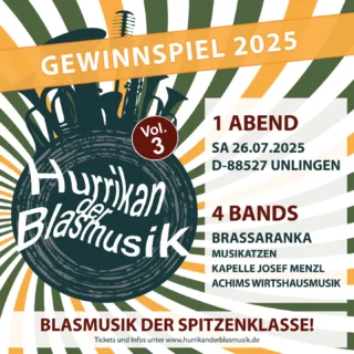 Wir verlosen 2x2 Tickets für den Hurrikan der Blasmusik 2025 🤩 Seid dabei und erlebt einen unvergesslichen Abend voller mitreißender Melodien und pulsierender Rhythmen! 🥳😍

𝗦𝗼 𝗺𝗮𝗰𝗵𝘁 𝗶𝗵𝗿 𝗺𝗶𝘁:
👉 Folgt unserer Seite @mvunlingen.
👉 Liked diesen Beitrag.
👉 Teilt diesen Beitrag in eurer Story und markiert uns.

Pssst: Doppelte Gewinnchance durch die zusätzliche Teilnahme auf Facebook. 🤫😁 Wir wünschen euch viel Glück! 🍀

Die Tickets werden euch nach Teilnahmeschluss zugeschickt.

Das Gewinnspiel läuft bis zum 30. Juni 2025. Die Gewinner werden öffentlich verkündet. Das Gewinnspiel steht in keiner Verbindung zu Facebook/Instagram und wird von Facebook/Instagram in keiner Weise unterstützt.