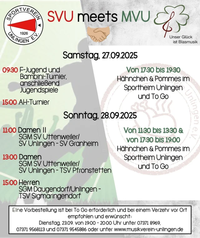 🤝 SVU meets MVU 🎶
Am 27. & 28. September erwartet euch in Unlingen ein sportliches & musikalisches Wochenende: Turniere, spannende Spiele und leckere Hähnchen mit Pommes 🍗🍟 - auch To Go!

Kommt vorbei und feiert mit uns! 🎉
